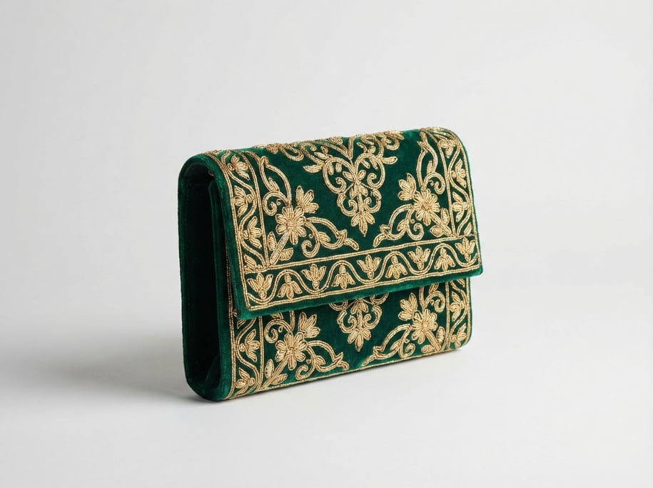 Embroidered velvet clutch purse in deep jewel green with intricate gold bullion thread accents and a