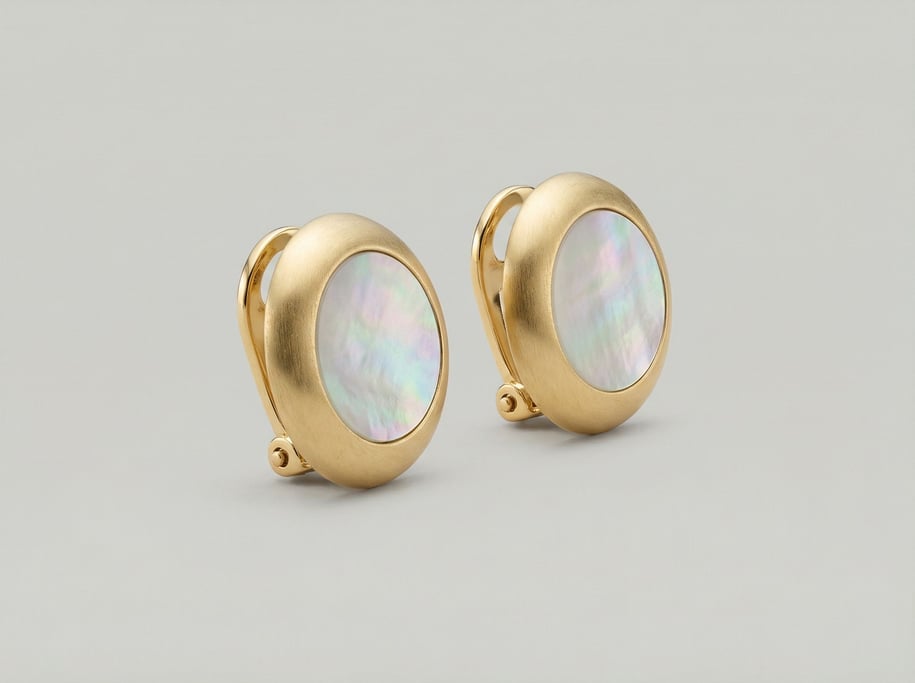 Round clip-on earrings in brushed yellow gold with iridescent mother-of-pearl disc inlay and tension