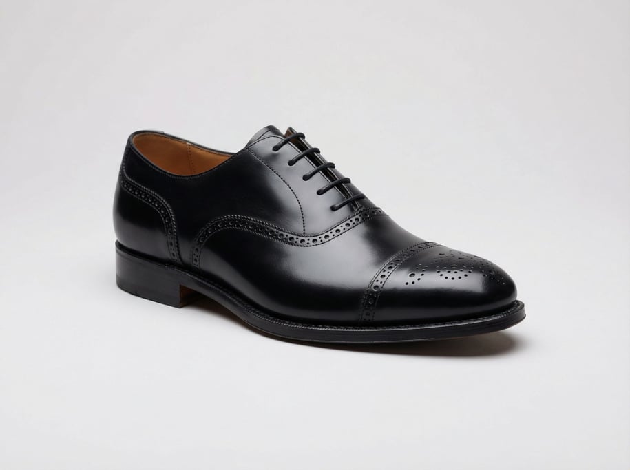 Classic leather oxford shoe in mirror-polished black calfskin with perforated medallion broguing and