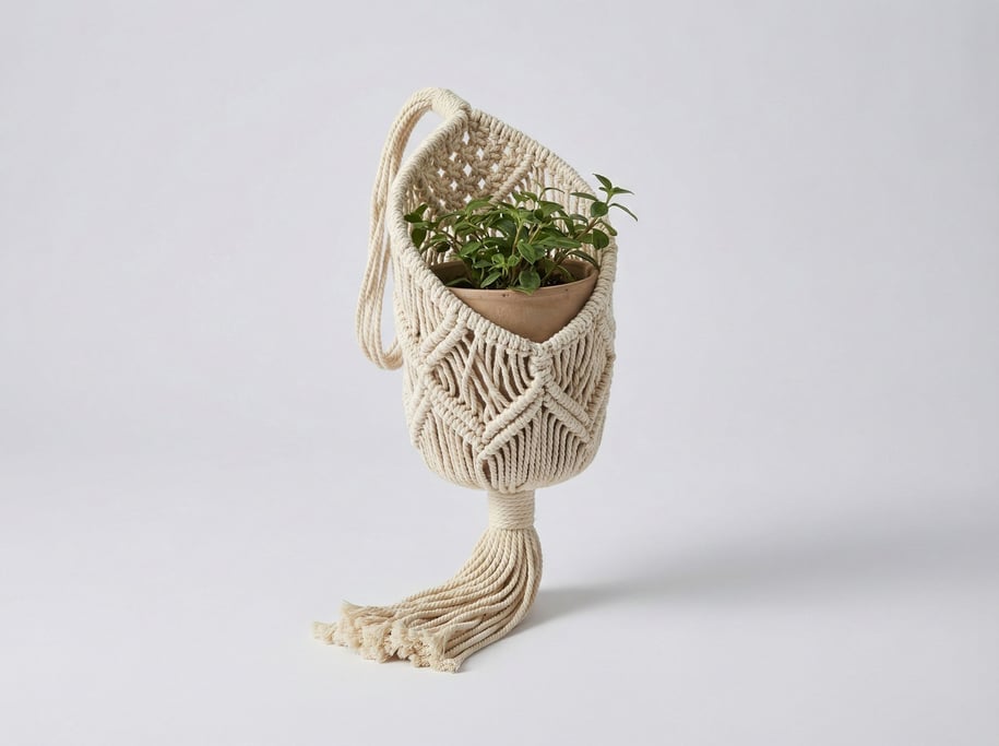 Hanging macrame planter in natural unbleached cotton rope with a geometric diamond-knot pattern and