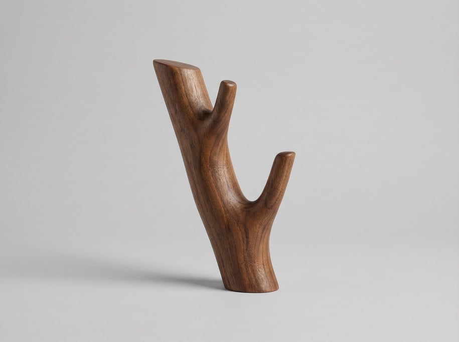Wall-mounted coat hook in oiled walnut wood carved to resemble a natural branch with two upswept pro