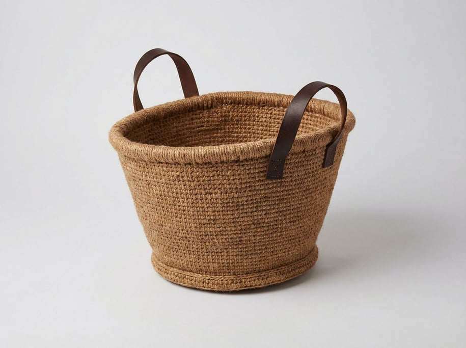 Hand-woven jute basket with tightly rolled edges, stitched leather carrying handles