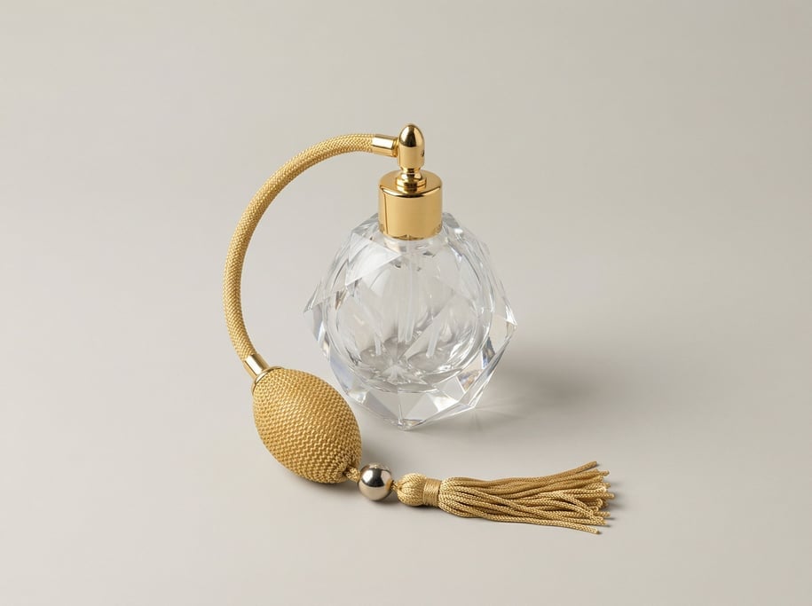Art deco crystal perfume atomizer with faceted glass body, a gold mesh squeeze bulb