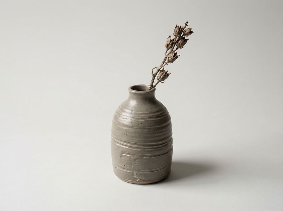 Wabi-sabi ceramic bud vase in matte mushroom grey glaze with visible throwing lines and a single dri