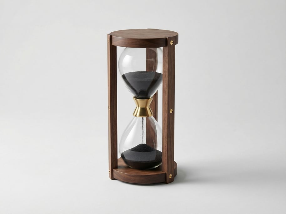 Wooden hourglass timer with a polished brass collar joint and fine black volcanic sand between two c