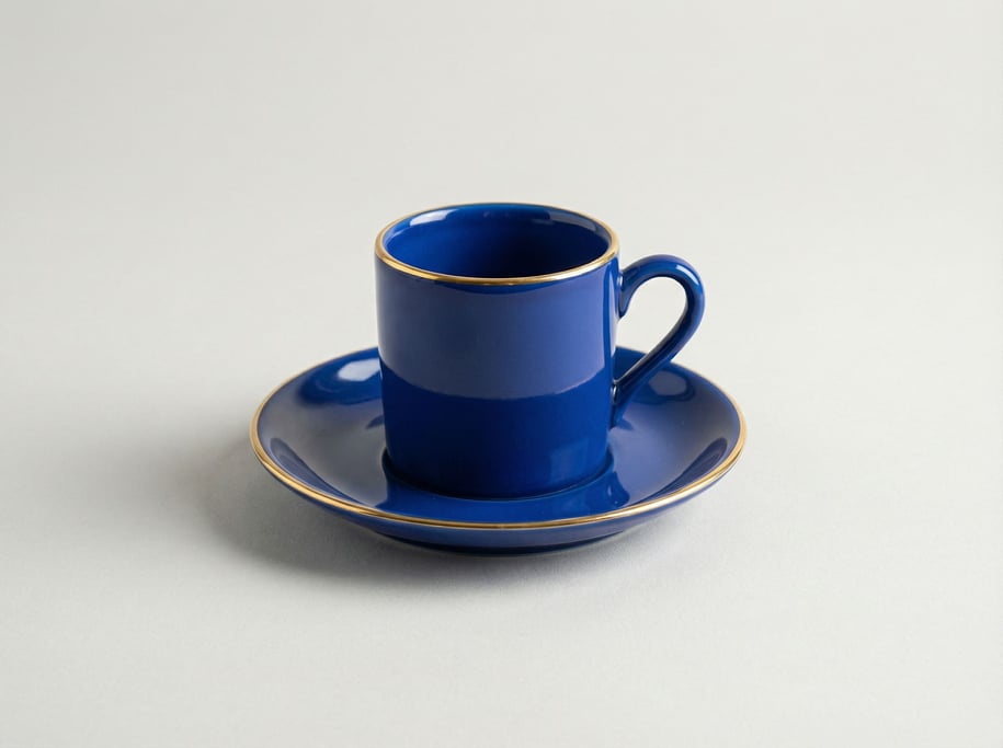 Espresso cup and saucer in glossy cobalt blue porcelain with a thin hand-painted gold rim accent lin