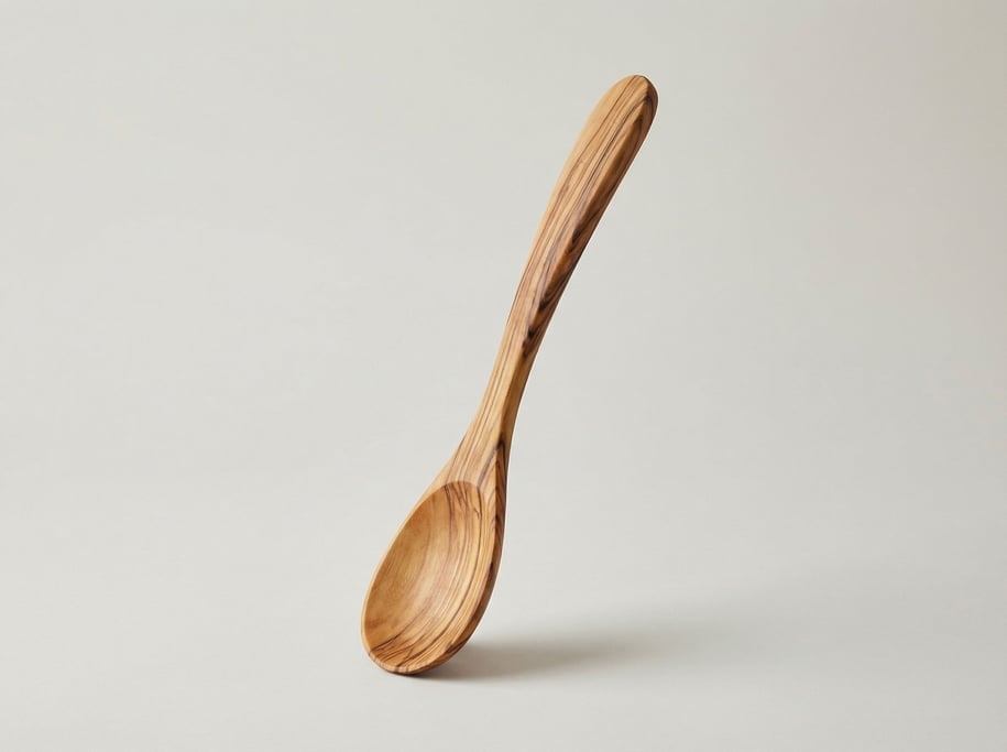 Olivewood salad serving spoon with a hand-carved paddle bowl and rich contrasting grain in the long
