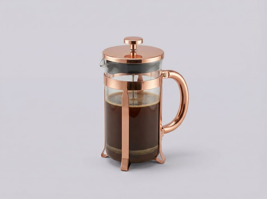 Glass French press coffee maker with a copper-plated stainless steel frame, plunger handle