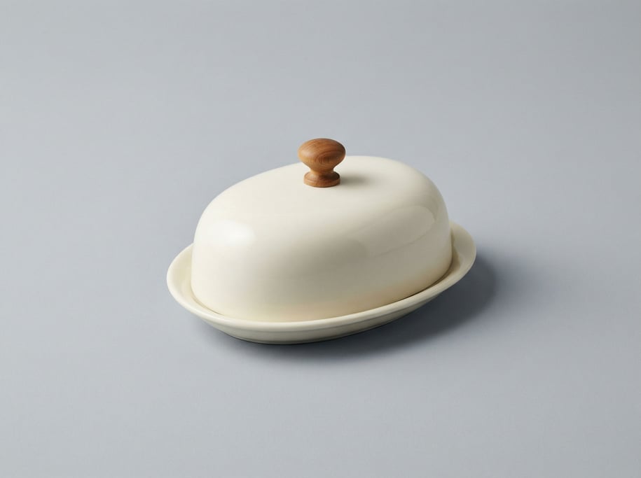 Ceramic butter dish in cream white porcelain with a smooth domed lid and a small turned wooden pull
