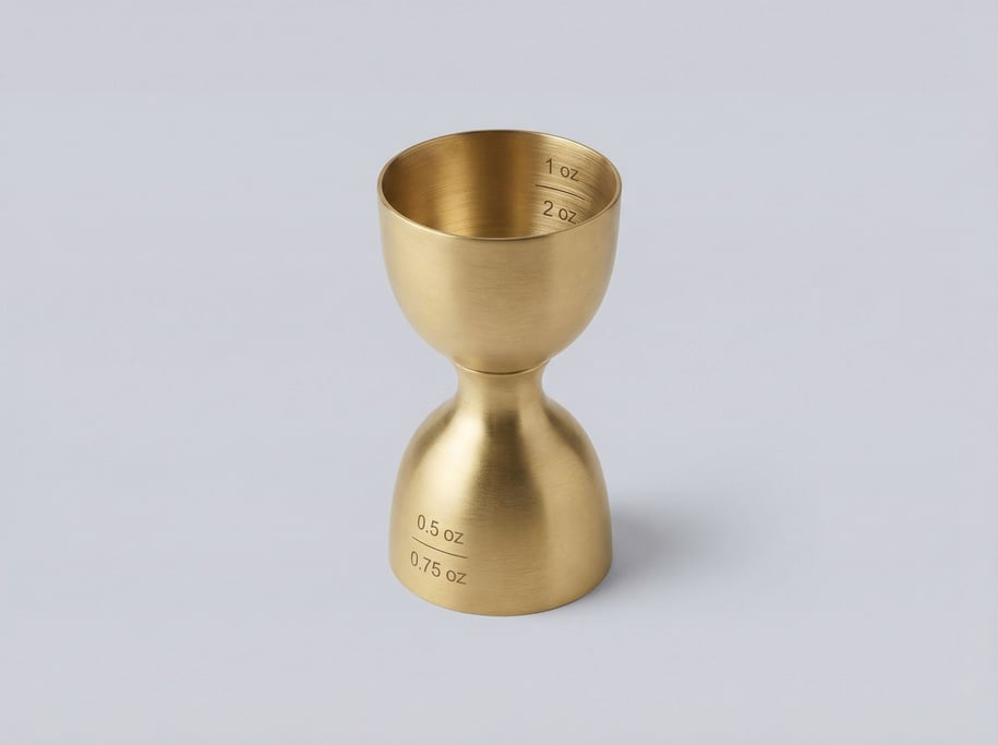 Brass double-sided cocktail jigger with a matte brushed gold finish and two graduated measuring cups