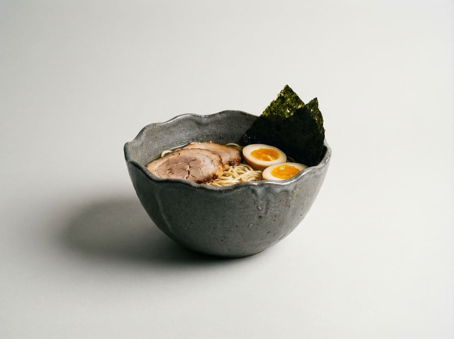 Handmade ramen bowl in textured dark grey stoneware clay with an intentionally irregular undulating