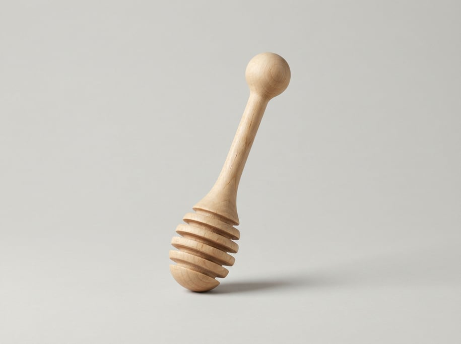 Wooden honey dipper with deep spiral grooves carved in light birch wood and a smooth rounded bulb ha