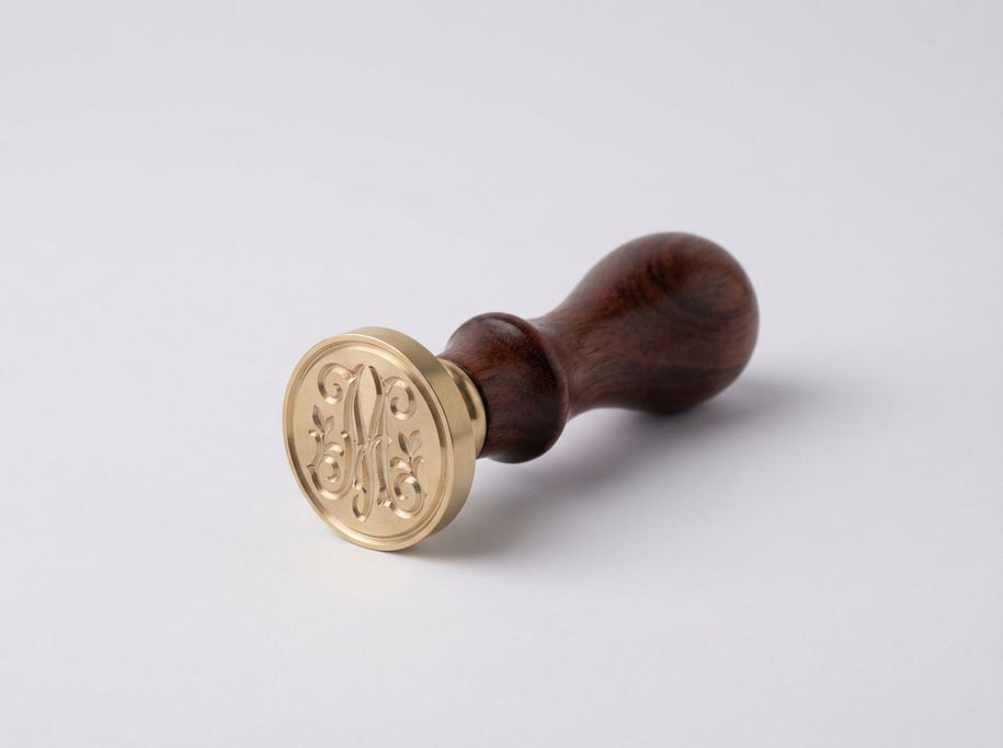 Brass wax seal stamp with an ornate floral monogram on the die face and a turned rosewood handle