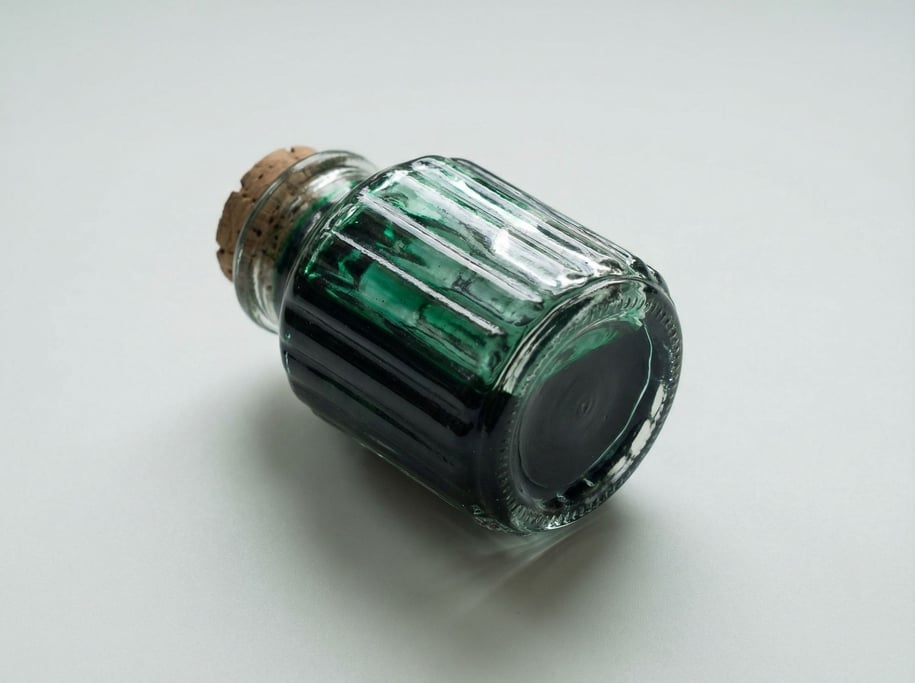 Glass ink bottle filled with deep emerald green calligraphy ink