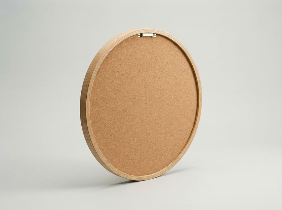 Round cork bulletin board with a thin light oak frame, a smooth pressed-cork surface