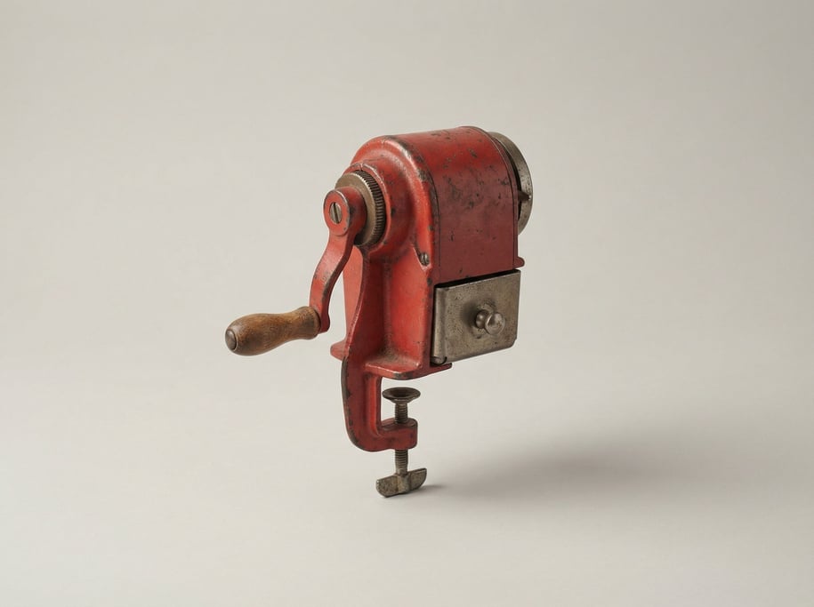 Vintage rotary pencil sharpener in red cast iron with a hand crank, desk-clamp mount