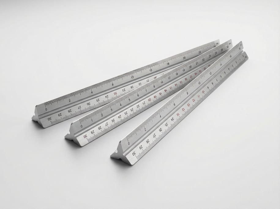 Set of triangular aluminum architect scale rulers fanned out showing graduated measurement markings
