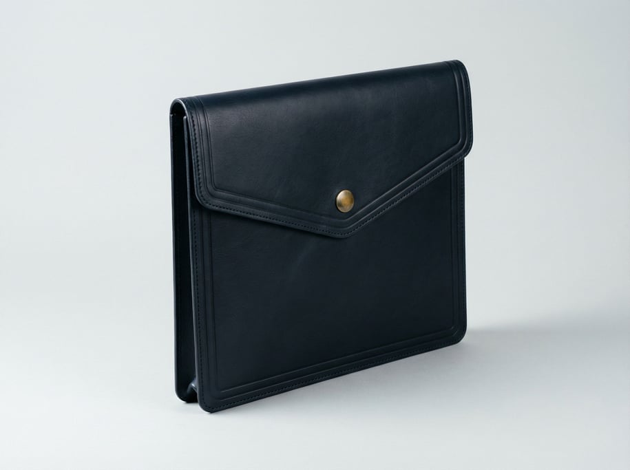 Leather document portfolio in dark navy full-grain hide with blind-embossed border lines and a brass