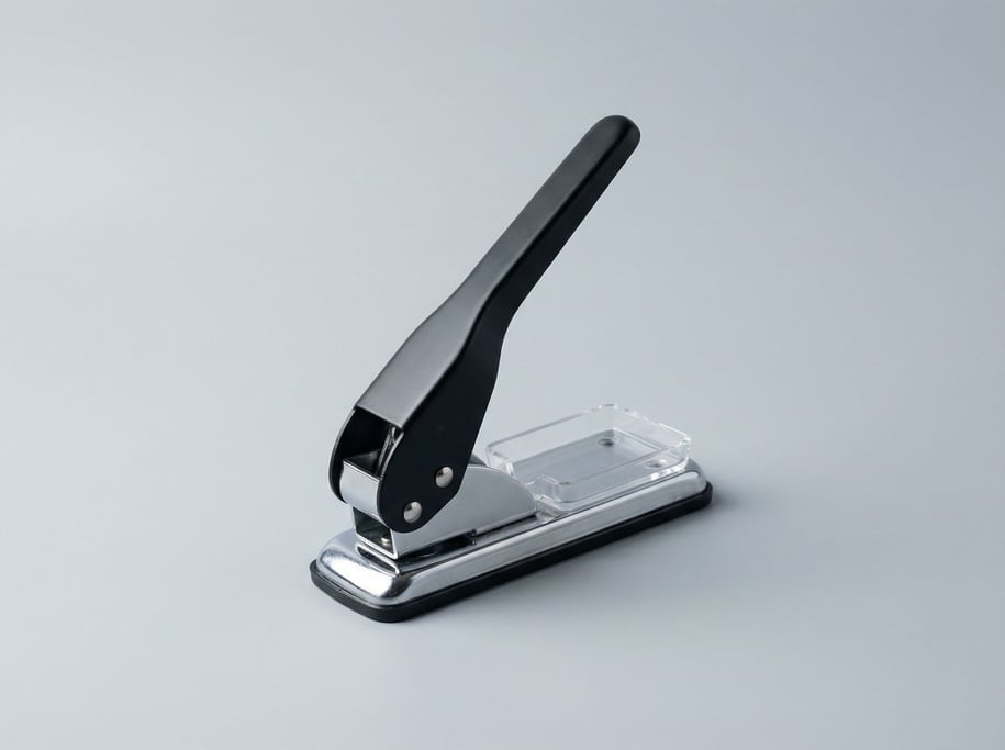 Desktop hole punch in heavy chrome-plated steel with a matte black lever handle and a clear chip tra