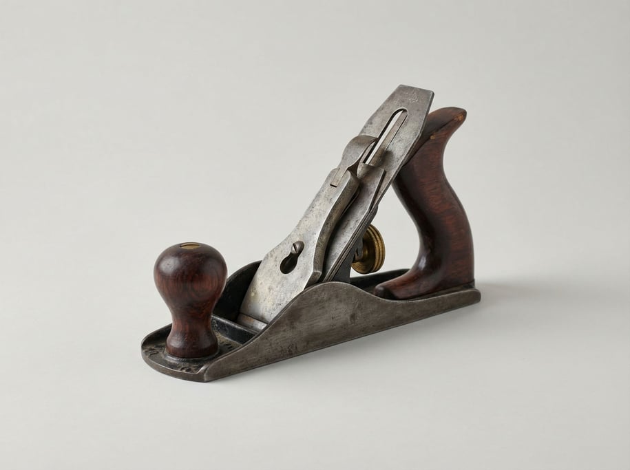 Vintage woodworking hand plane with a rosewood tote knob, brass depth-adjustment wheel