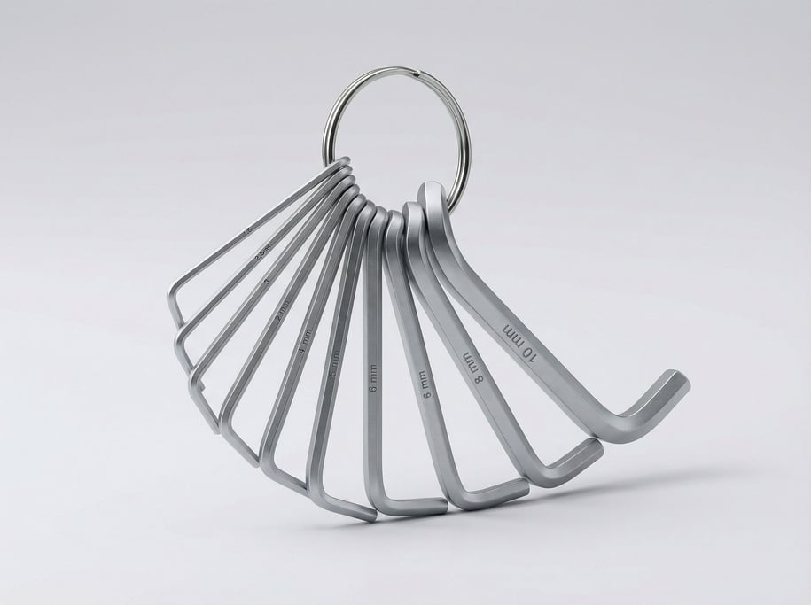 Set of metric hex Allen keys on a chrome key ring