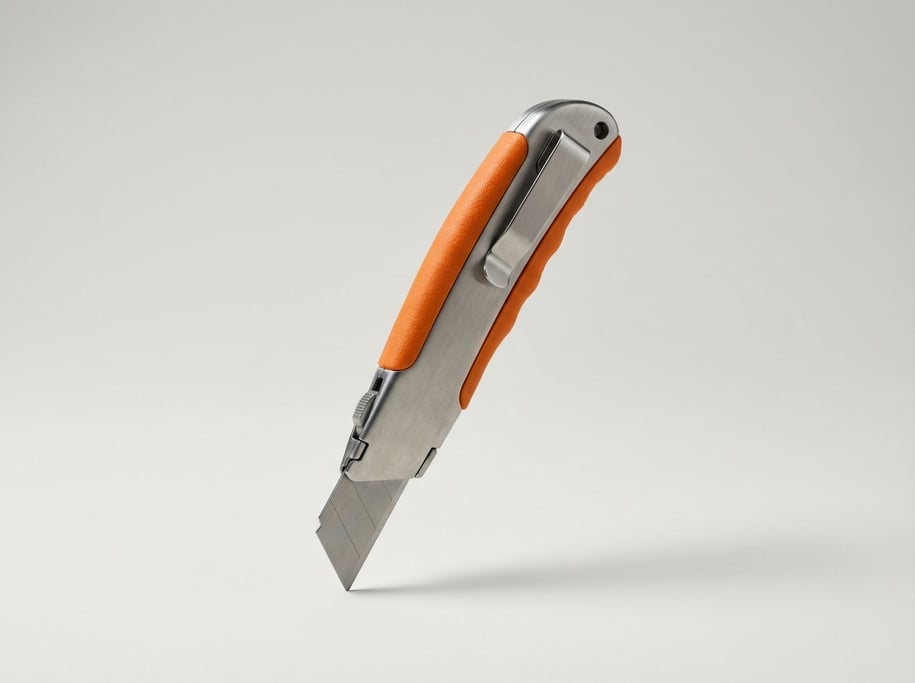 Utility knife with a rubberized orange grip, retractable segmented blade extended