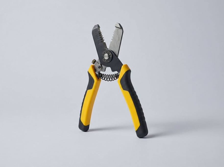 Wire stripping tool in yellow and black thermoplastic handles with exposed spring mechanism and adju