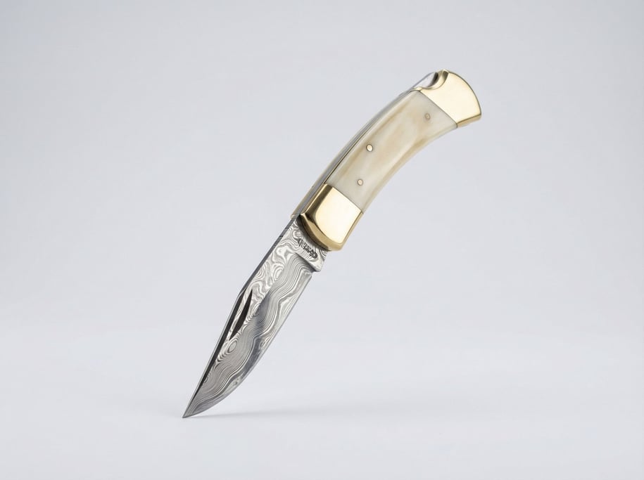 Folding pocket knife with a Damascus steel blade showing swirl patterns and polished bone handle sca