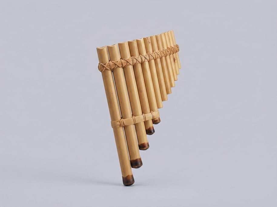Bamboo pan flute with bound natural reed pipes of graduated lengths, wax-sealed bottoms