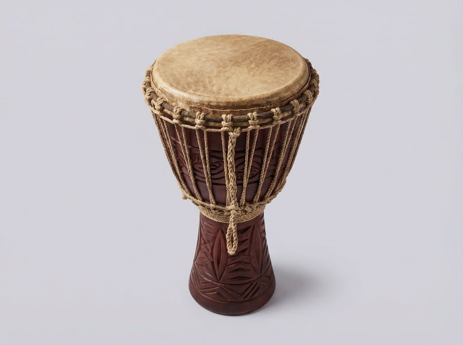 Djembe hand drum with a natural goatskin drumhead, deep-carved mahogany goblet shell