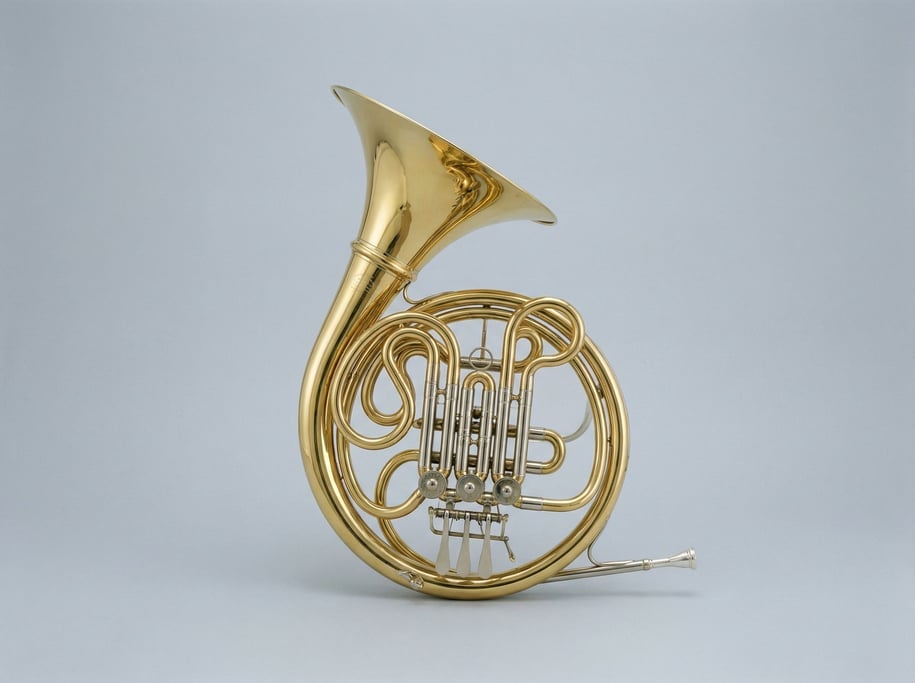 Brass French horn with a bright lacquered detachable bell section, three rotary valves