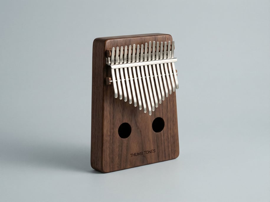 Kalimba thumb piano in dark walnut with seventeen polished silver steel tines and two sound holes on