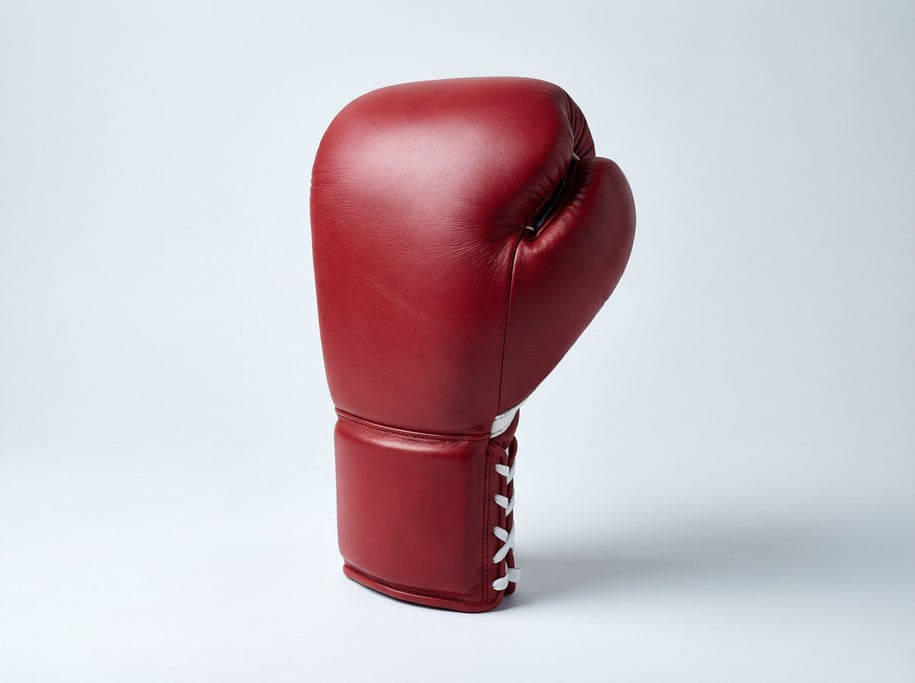Leather boxing glove in cherry red cowhide with white cross-lacing, padded wrist cuff