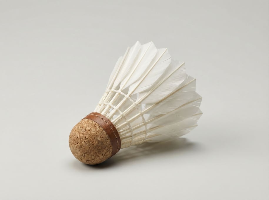 Badminton shuttlecock with sixteen natural white goose feathers seated in a round cork and leather c