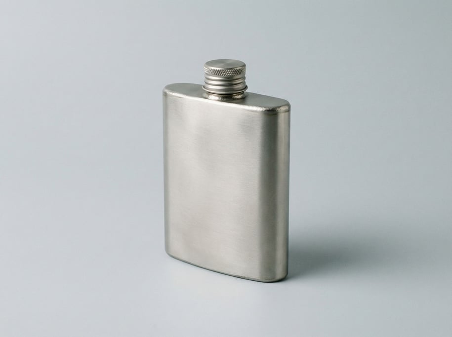 Titanium camping flask in brushed silver with a leak-proof threaded screw cap and a lightweight sing