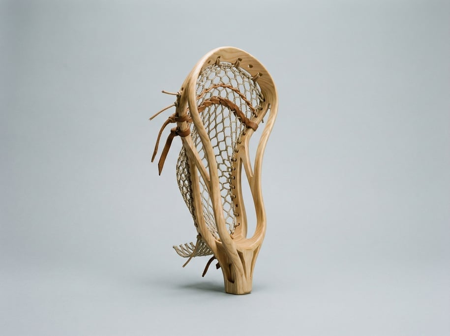 Wooden lacrosse stick head in natural ash with woven mesh netting, sidewall strings