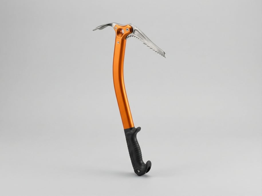 Ice climbing axe with an orange aluminum shaft, serrated stainless steel pick