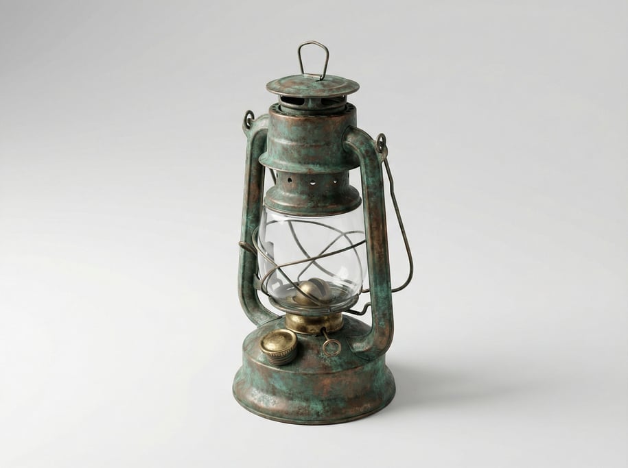 Antique oil lantern in weathered verdigris copper with a clear glass chimney, wire bail handle