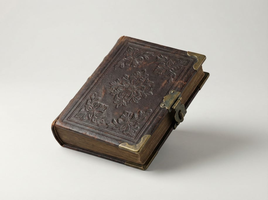 Old leather-bound photo album with tarnished brass corner protectors, a spring-hinged clasp