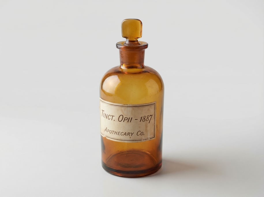 Vintage apothecary jar in thick amber glass with a tall ground-glass stopper and a faded handwritten