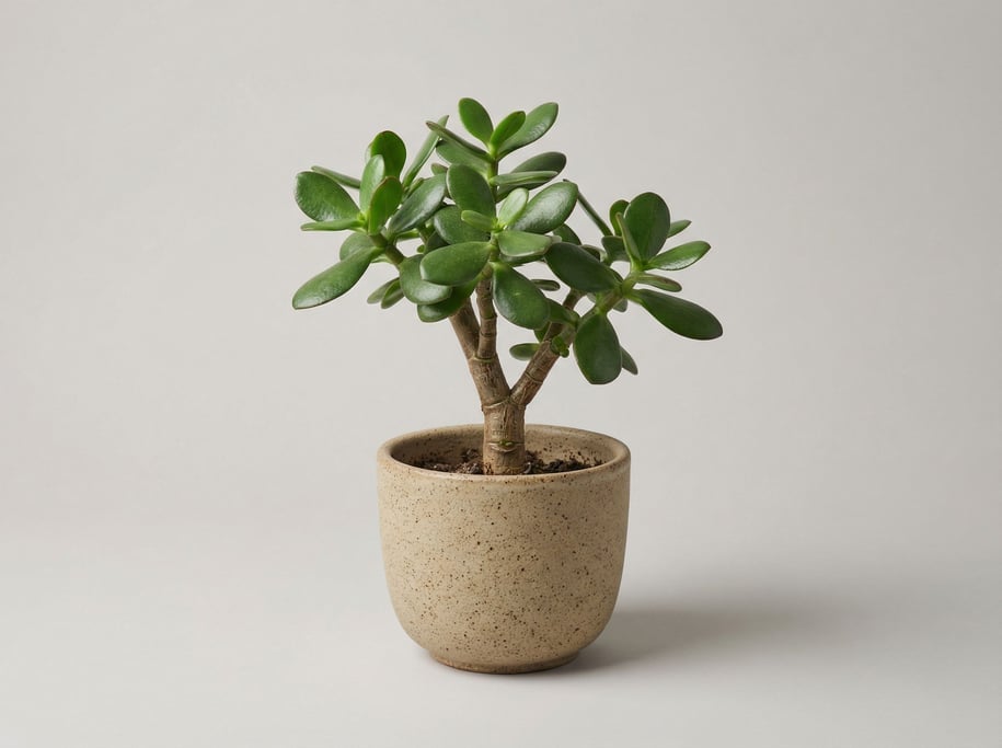 Small jade plant in a speckled beige stoneware pot with thick glossy oval leaves and a short woody t