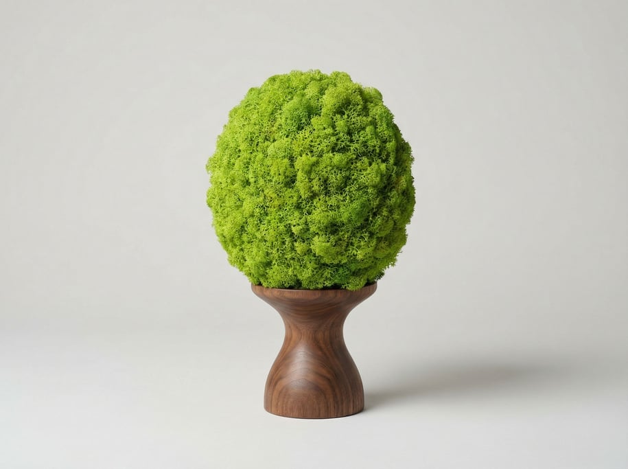 Preserved bright green moss sphere sitting on a small turned dark walnut wooden display pedestal sta