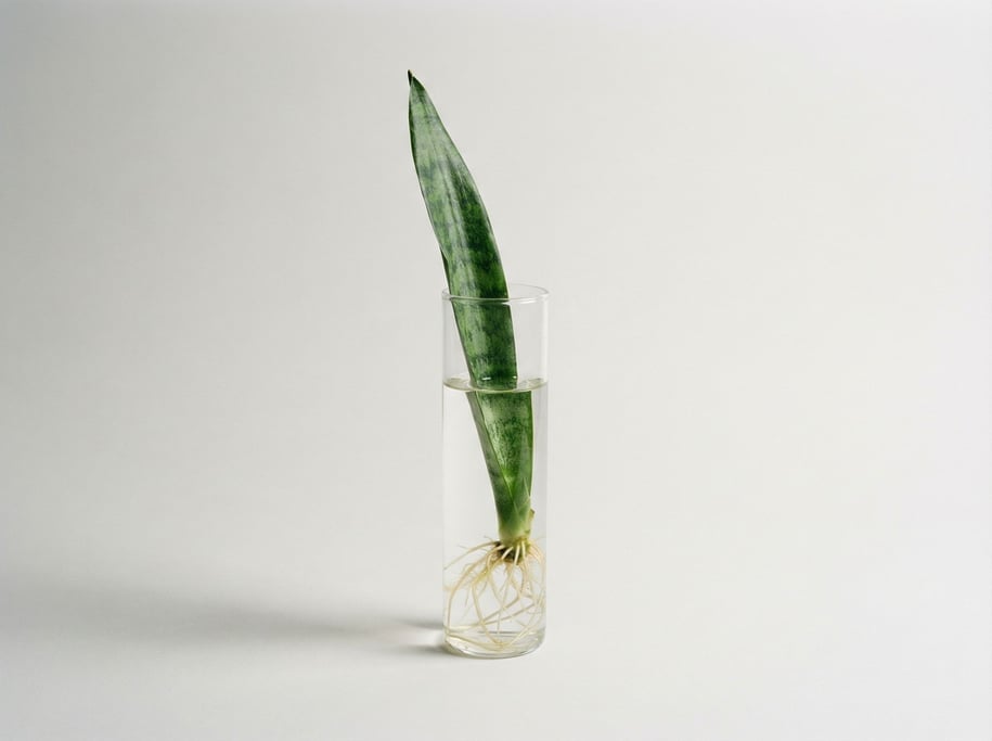 Snake plant leaf cutting in a glass propagation tube vase filled with clear water showing emerging w
