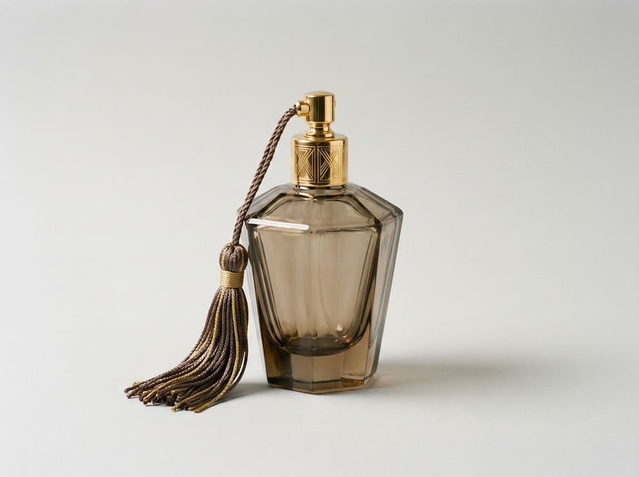Art deco perfume bottle in faceted smoky topaz glass with a gold-plated pump atomizer and a silk tas