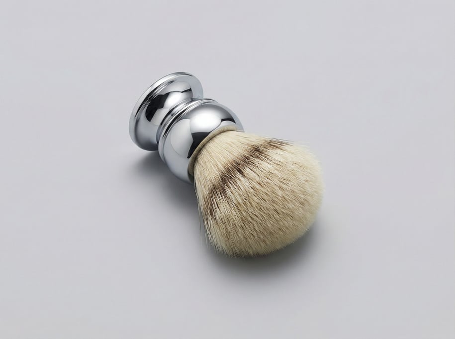 Badger hair shaving brush with a heavy chrome-plated handle, a dense silvertip knot