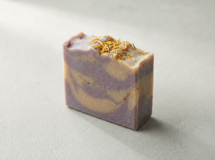 Handmade artisan soap bar in swirled lavender and cream layers with dried calendula petals embedded