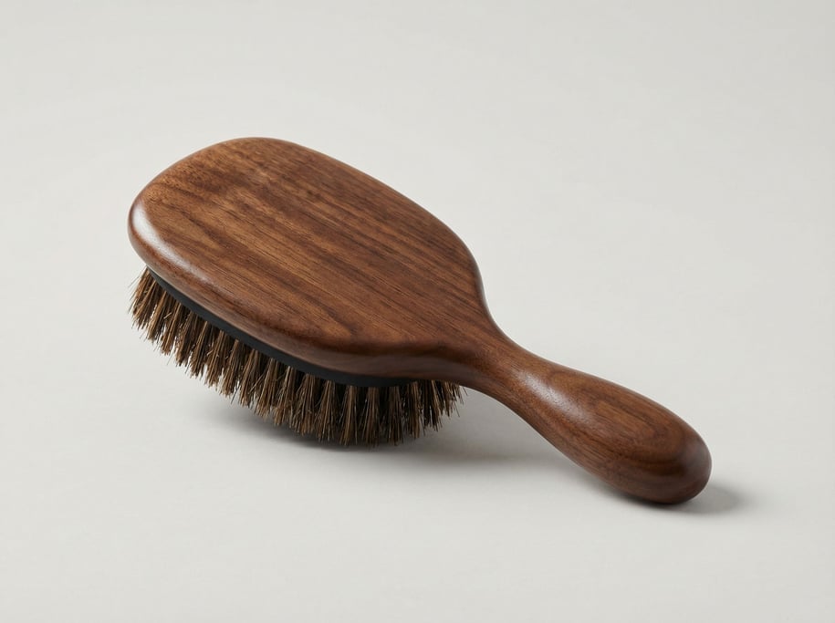 Boar bristle hair brush with a wide walnut paddle back, cushioned rubber base