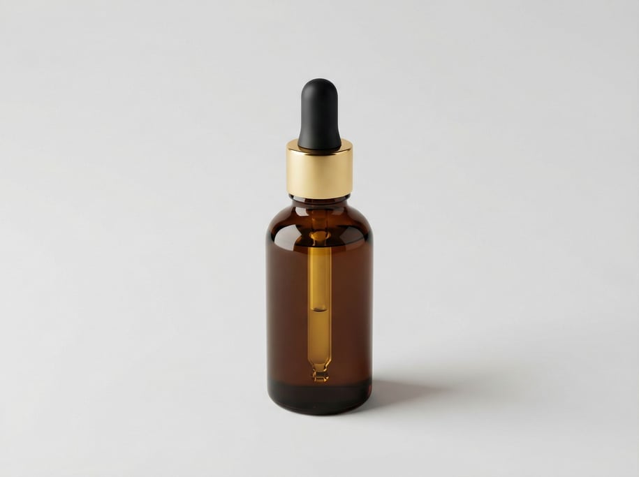 Glass dropper bottle of golden facial serum in dark amber glass with a gold-plated pipette cap and r