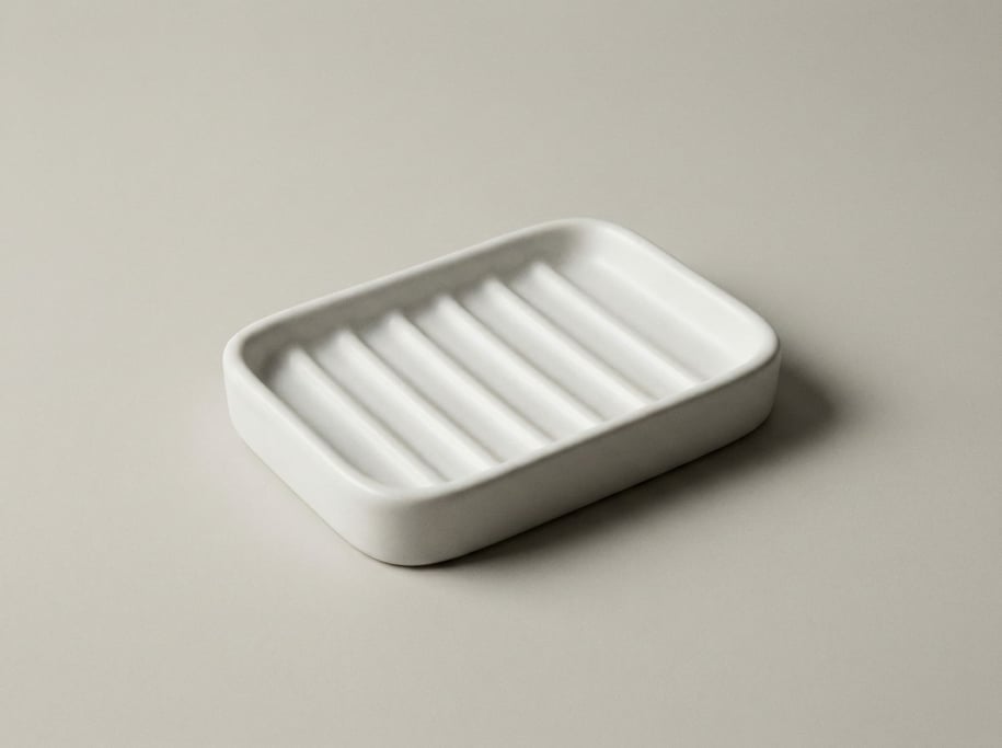 Ceramic soap dish in ribbed white porcelain with parallel drainage channels, rounded corners