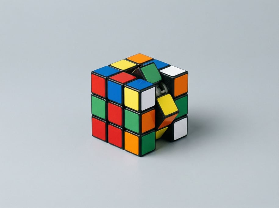 Classic puzzle cube with six vivid primary-colored faces, slightly scrambled